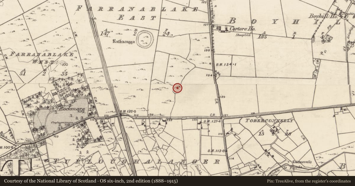 Ordnance Survey six-inch map, 2nd edition (1888–1915) covering the location of Ringfort - cashel, Farranablake East, County Galway, with a pin at the register's coordinates