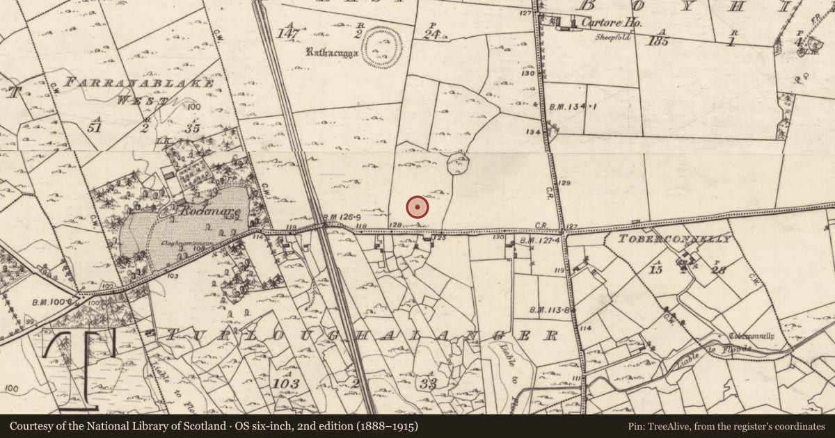 Ordnance Survey six-inch map, 2nd edition (1888–1915) covering the location of Ringfort - cashel, Farranablake East, County Galway, with a pin at the register's coordinates