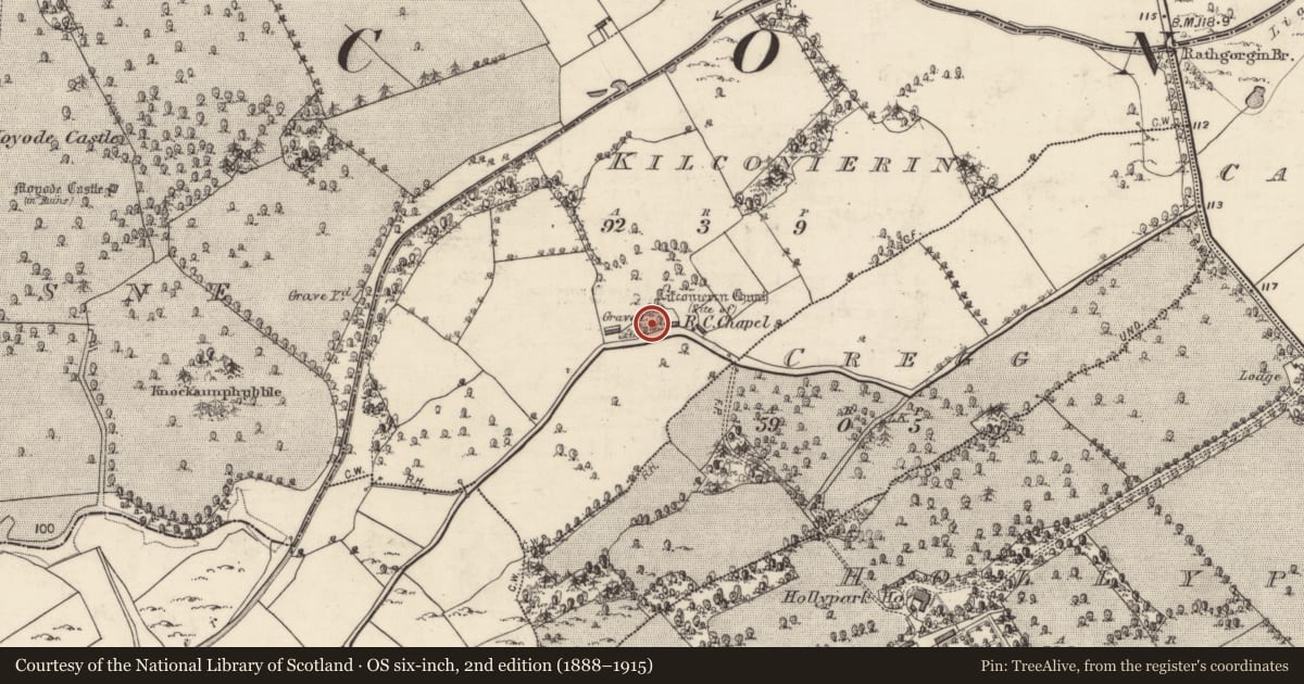 Ordnance Survey six-inch map, 2nd edition (1888–1915) covering the location of Graveyard, Kilconierin, County Galway, with a pin at the register's coordinates