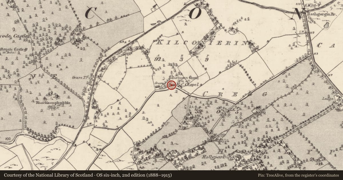 Ordnance Survey six-inch map, 2nd edition (1888–1915) covering the location of Church, Kilconierin, County Galway, with a pin at the register's coordinates
