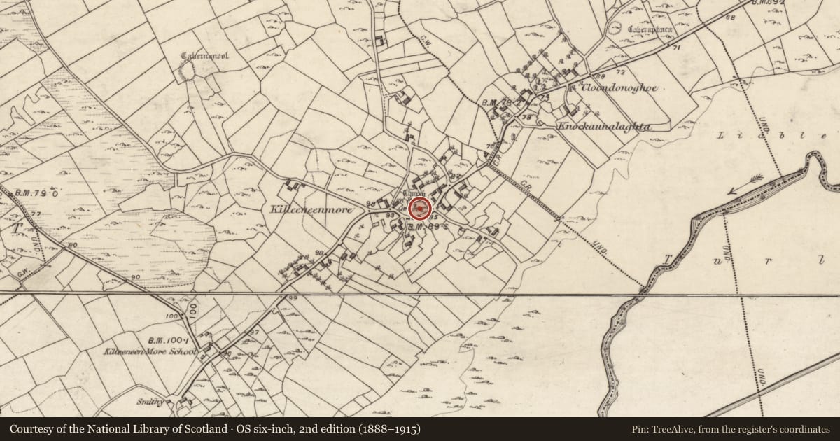 Ordnance Survey six-inch map, 2nd edition (1888–1915) covering the location of Graveyard, Killeeneen More, County Galway, with a pin at the register's coordinates