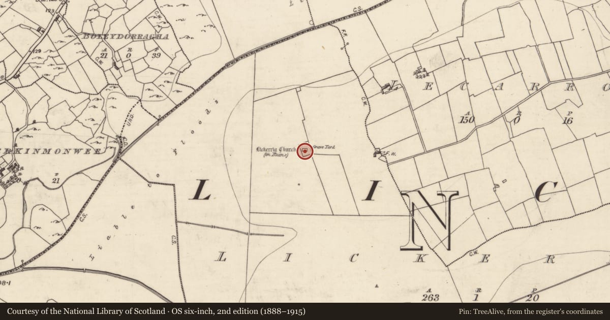 Ordnance Survey six-inch map, 2nd edition (1888–1915) covering the location of Church, Lickerrig, County Galway, with a pin at the register's coordinates