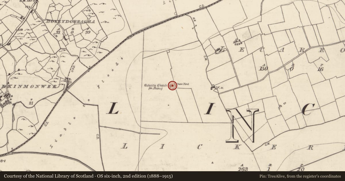 Ordnance Survey six-inch map, 2nd edition (1888–1915) covering the location of Graveyard, Lickerrig, County Galway, with a pin at the register's coordinates