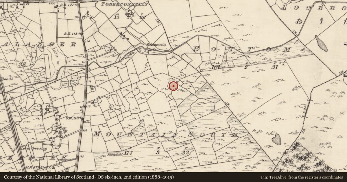 Ordnance Survey six-inch map, 2nd edition (1888–1915) covering the location of Enclosure, Mountain South, County Galway, with a pin at the register's coordinates