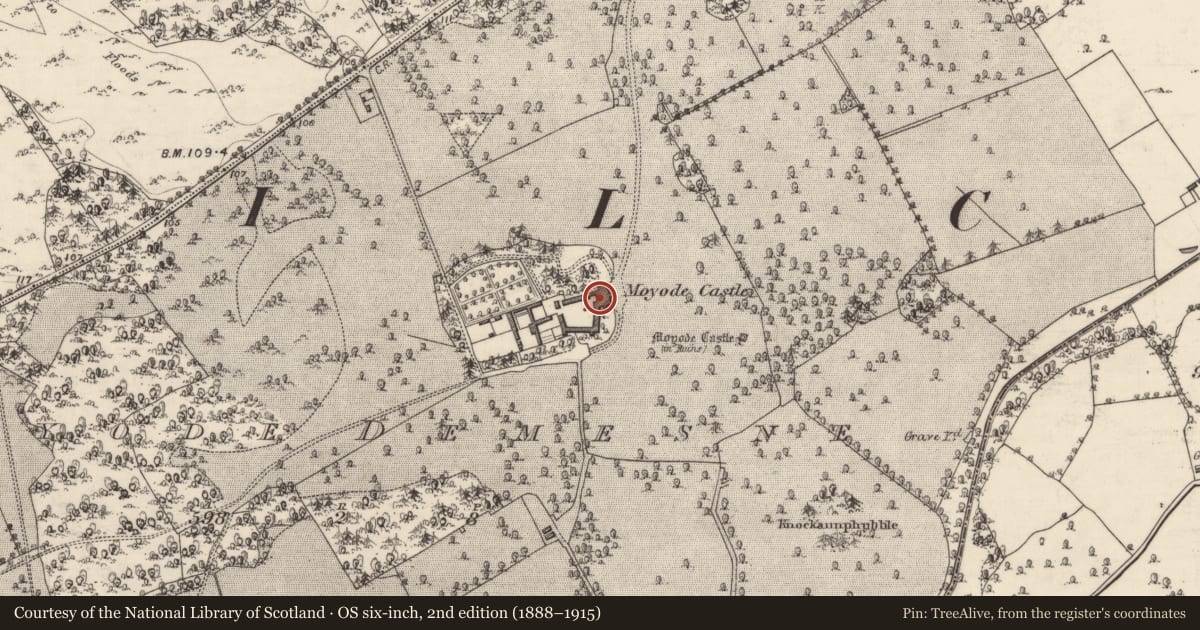 Ordnance Survey six-inch map, 2nd edition (1888–1915) covering the location of Country house, Moyode Demesne, County Galway, with a pin at the register's coordinates
