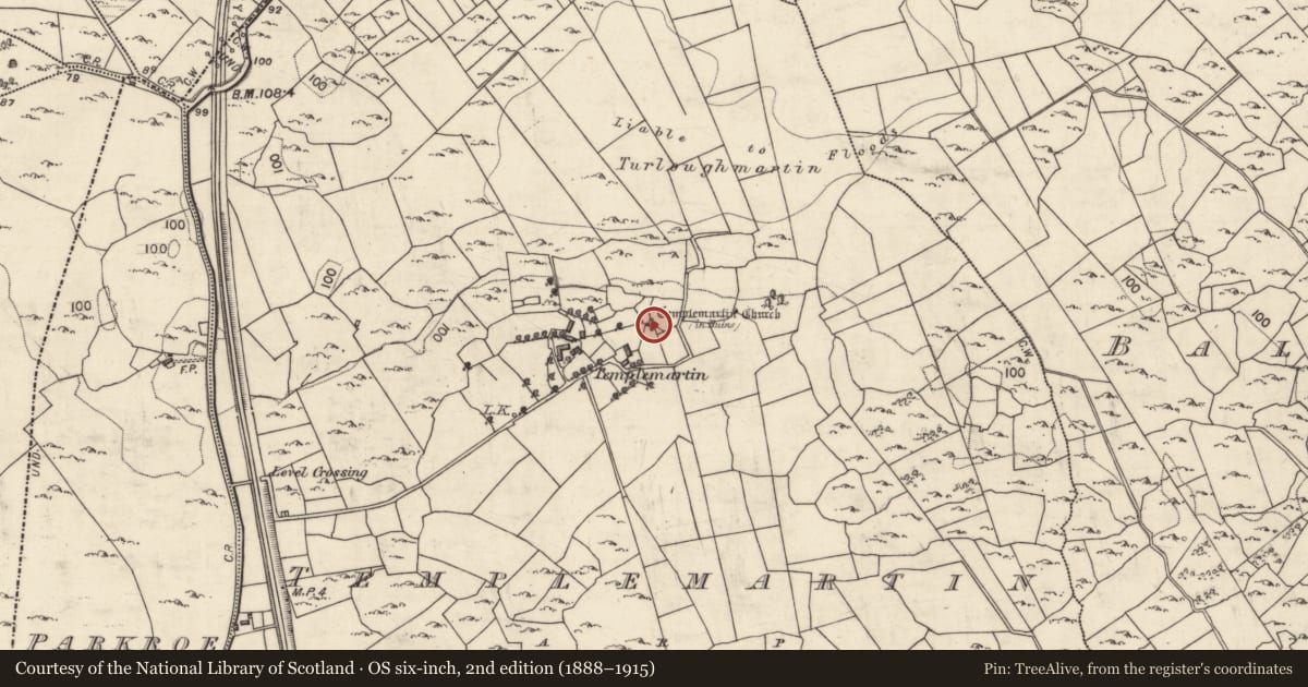 Ordnance Survey six-inch map, 2nd edition (1888–1915) covering the location of Church, Templemartin, County Galway, with a pin at the register's coordinates