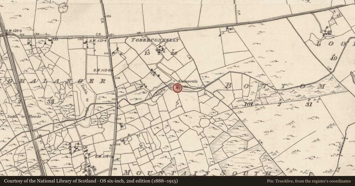 Ordnance Survey six-inch map, 2nd edition (1888–1915) covering the location of Ritual site - holy well, Toberconnelly, County Galway, with a pin at the register's coordinates