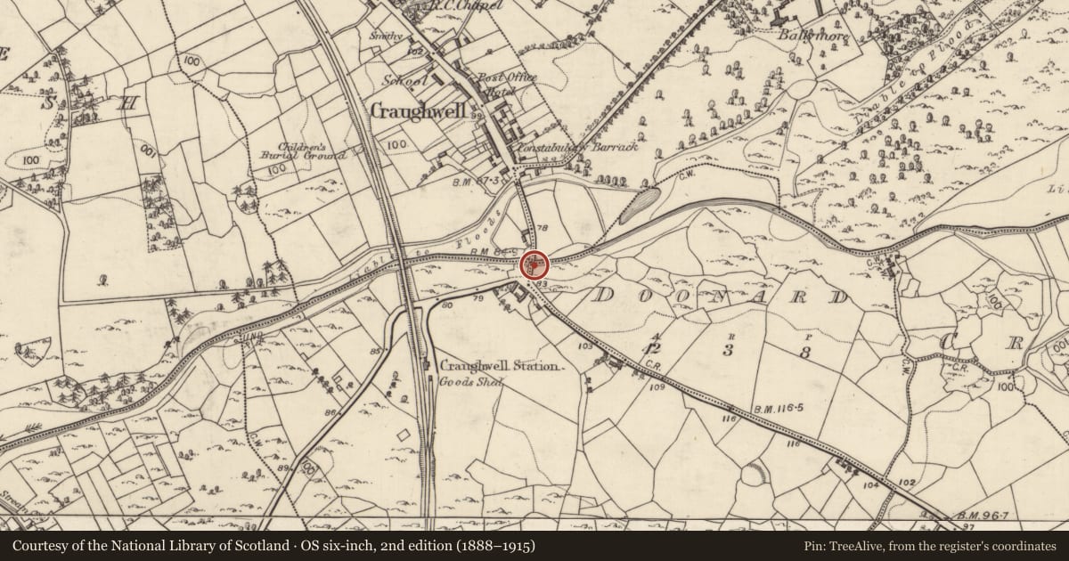 Ordnance Survey six-inch map, 2nd edition (1888–1915) covering the location of Bridge, County Galway, with a pin at the register's coordinates