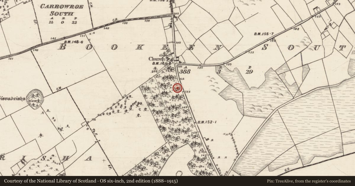 Ordnance Survey six-inch map, 2nd edition (1888–1915) covering the location of Barrow - bowl-barrow, Bookeen South, County Galway, with a pin at the register's coordinates