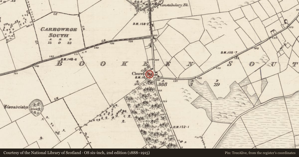 Ordnance Survey six-inch map, 2nd edition (1888–1915) covering the location of Church, Bookeen South, County Galway, with a pin at the register's coordinates