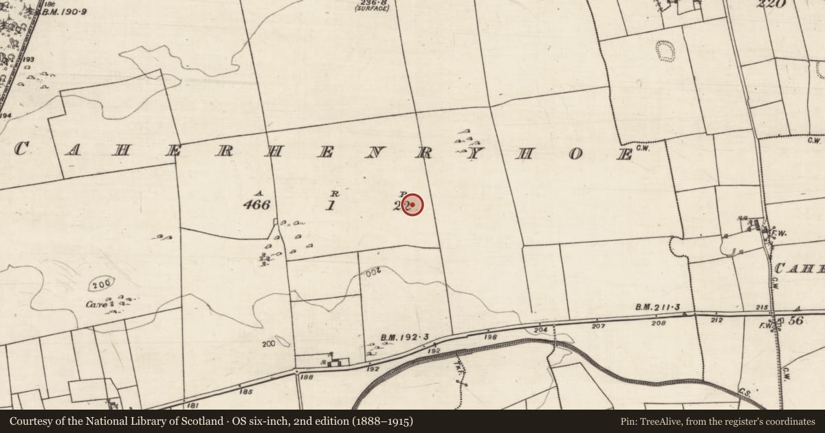 Ordnance Survey six-inch map, 2nd edition (1888–1915) covering the location of Souterrain, Caherhenryhoe, County Galway, with a pin at the register's coordinates