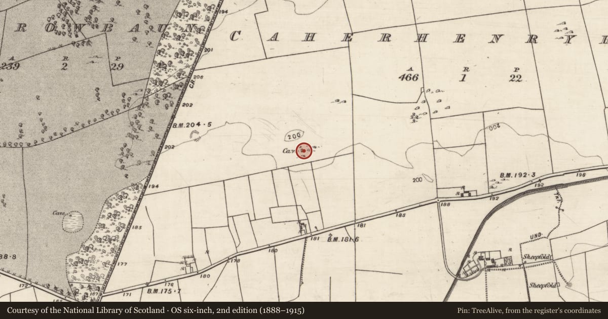 Ordnance Survey six-inch map, 2nd edition (1888–1915) covering the location of Souterrain, Caherhenryhoe, County Galway, with a pin at the register's coordinates