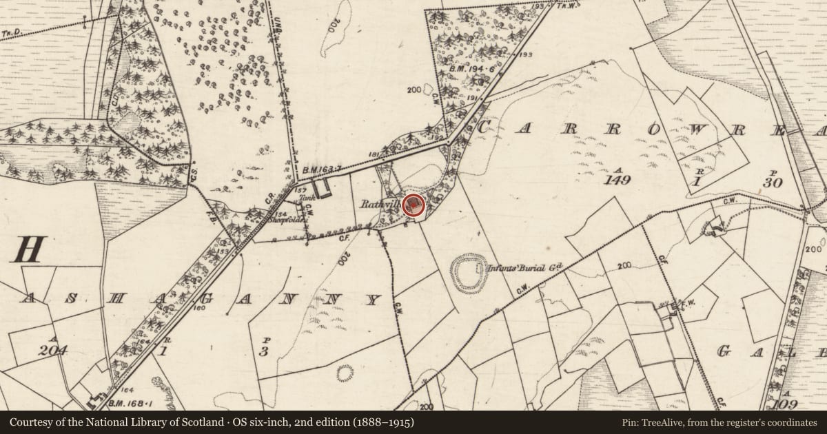 Ordnance Survey six-inch map, 2nd edition (1888–1915) covering the location of Designed landscape feature, Carrowreagh, County Galway, with a pin at the register's coordinates