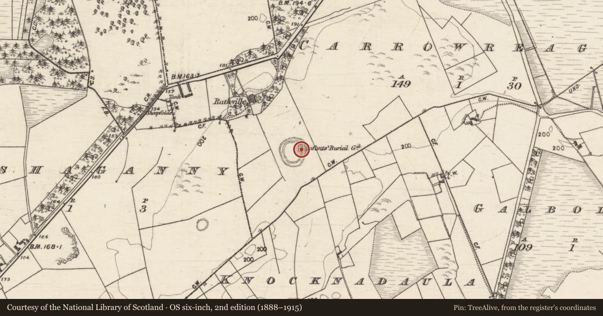 Ordnance Survey six-inch map, 2nd edition (1888–1915) covering the location of Children's burial ground, Carrowreagh, County Galway, with a pin at the register's coordinates
