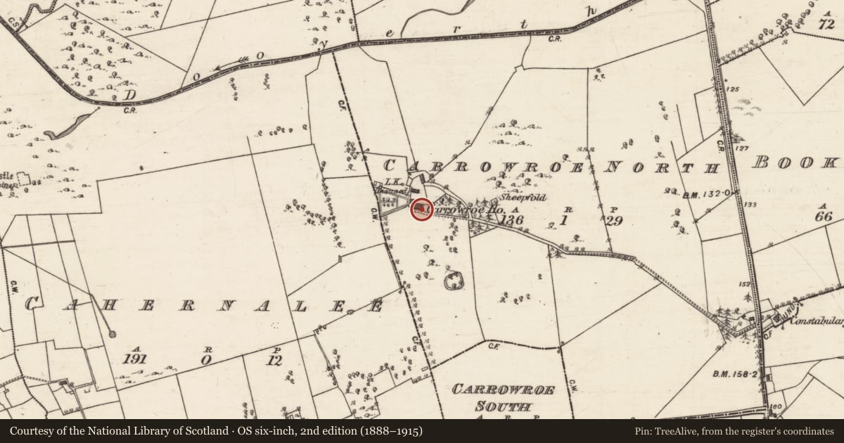 Ordnance Survey six-inch map, 2nd edition (1888–1915) covering the location of Country house, Carrowroe North, County Galway, with a pin at the register's coordinates