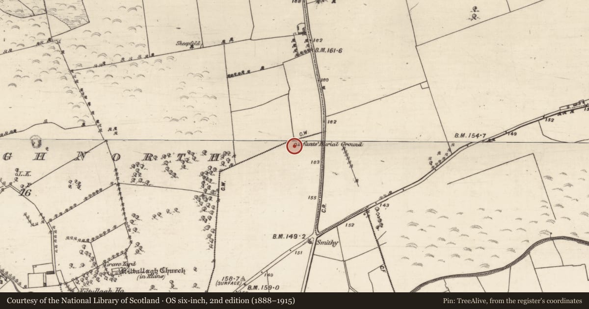 Ordnance Survey six-inch map, 2nd edition (1888–1915) covering the location of Children's burial ground, Clogharevaun, County Galway, with a pin at the register's coordinates