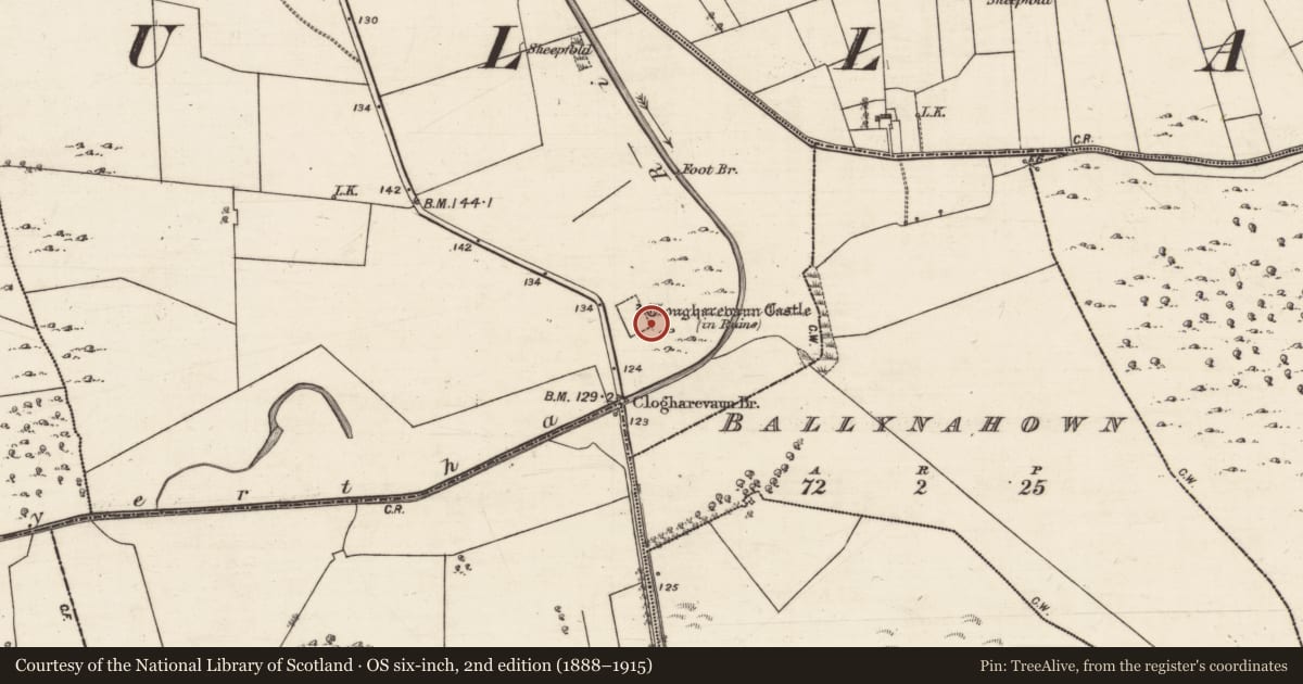 Ordnance Survey six-inch map, 2nd edition (1888–1915) covering the location of Castle - tower house, Clogharevaun, County Galway, with a pin at the register's coordinates