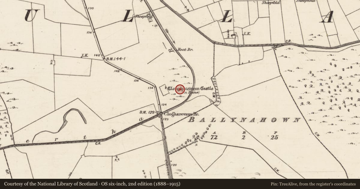Ordnance Survey six-inch map, 2nd edition (1888–1915) covering the location of Field system, Clogharevaun, County Galway, with a pin at the register's coordinates
