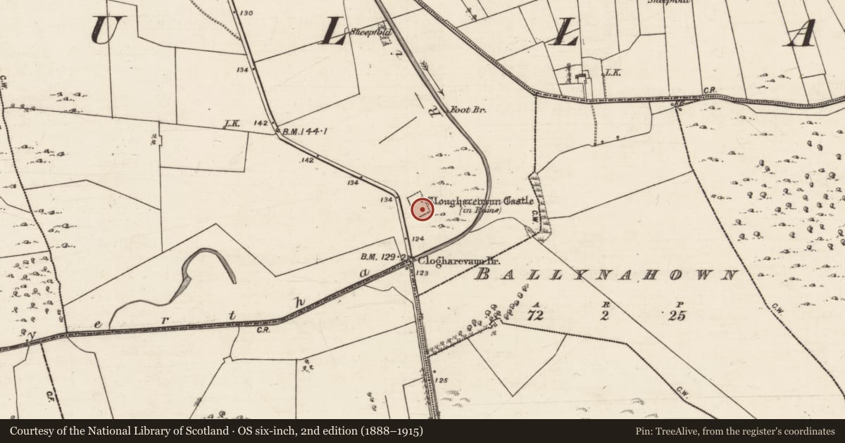 Ordnance Survey six-inch map, 2nd edition (1888–1915) covering the location of Bawn, Clogharevaun, County Galway, with a pin at the register's coordinates