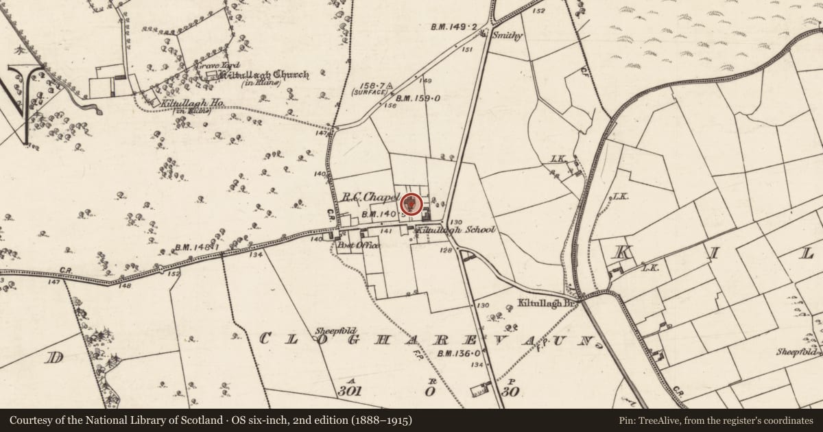 Ordnance Survey six-inch map, 2nd edition (1888–1915) covering the location of Chapel, Clogharevaun, County Galway, with a pin at the register's coordinates