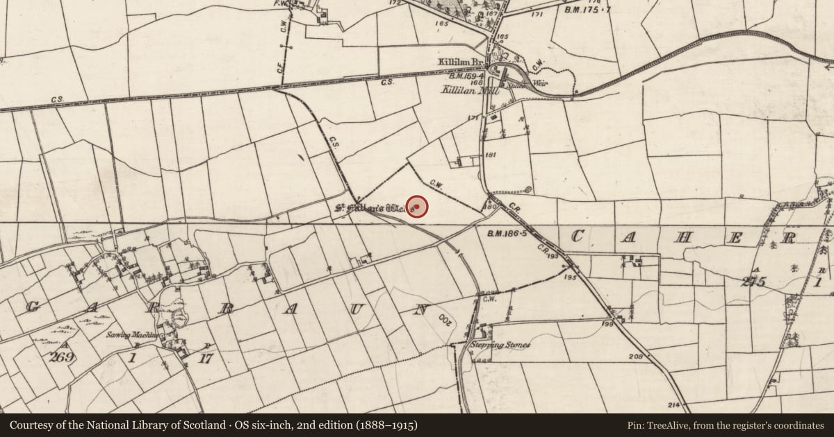 Ordnance Survey six-inch map, 2nd edition (1888–1915) covering the location of Ritual site - holy well, Doogarraun, County Galway, with a pin at the register's coordinates