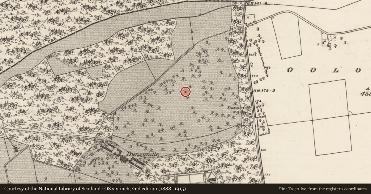 Ordnance Survey six-inch map, 2nd edition (1888–1915) covering the location of Designed landscape feature, Dunsandle, County Galway, with a pin at the register's coordinates
