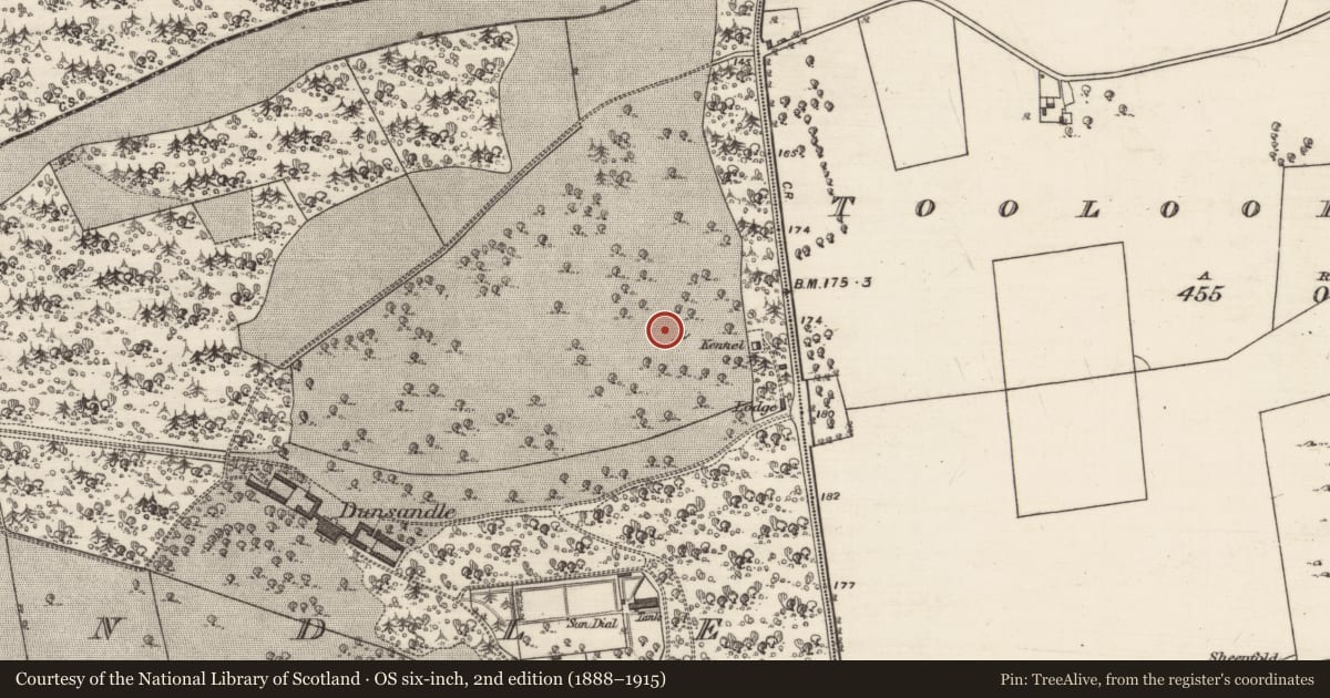 Ordnance Survey six-inch map, 2nd edition (1888–1915) covering the location of Designed landscape feature, Dunsandle, County Galway, with a pin at the register's coordinates