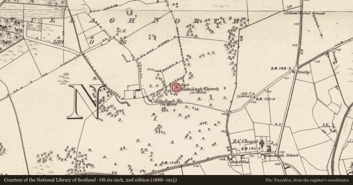 Ordnance Survey six-inch map, 2nd edition (1888–1915) covering the location of Graveyard, Kiltullagh North, County Galway, with a pin at the register's coordinates