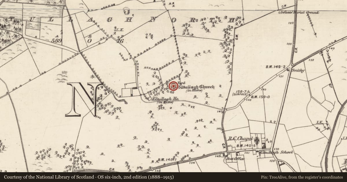 Ordnance Survey six-inch map, 2nd edition (1888–1915) covering the location of Graveslab, Kiltullagh North, County Galway, with a pin at the register's coordinates