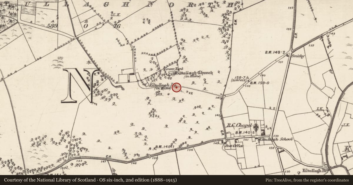 Ordnance Survey six-inch map, 2nd edition (1888–1915) covering the location of Graveslab, Kiltullagh North, County Galway, with a pin at the register's coordinates