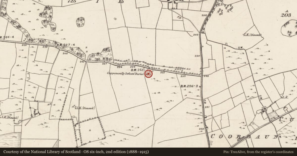 Ordnance Survey six-inch map, 2nd edition (1888–1915) covering the location of Children's burial ground, Lackalea, County Galway, with a pin at the register's coordinates