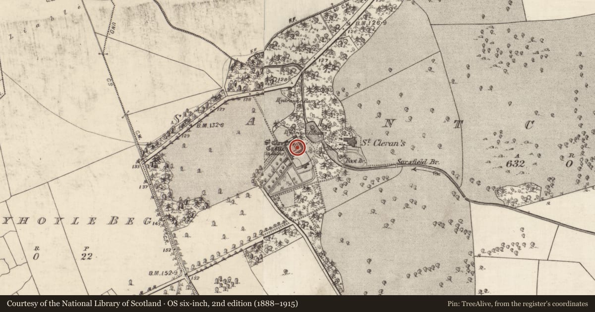 Ordnance Survey six-inch map, 2nd edition (1888–1915) covering the location of Castle - tower house, Saintclerans, County Galway, with a pin at the register's coordinates