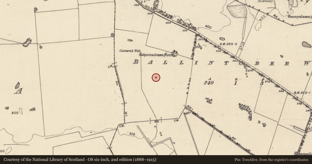 Ordnance Survey six-inch map, 2nd edition (1888–1915) covering the location of Prehistoric site - lithic scatter, Ballintober West, County Galway, with a pin at the register's coordinates