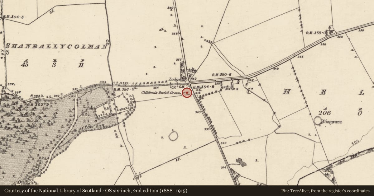 Ordnance Survey six-inch map, 2nd edition (1888–1915) covering the location of Children's burial ground, Ballydonnellan East, County Galway, with a pin at the register's coordinates