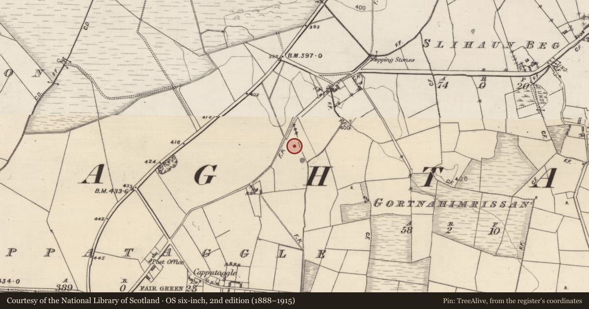 Ordnance Survey six-inch map, 2nd edition (1888–1915) covering the location of Children's burial ground, Cappataggle, County Galway, with a pin at the register's coordinates