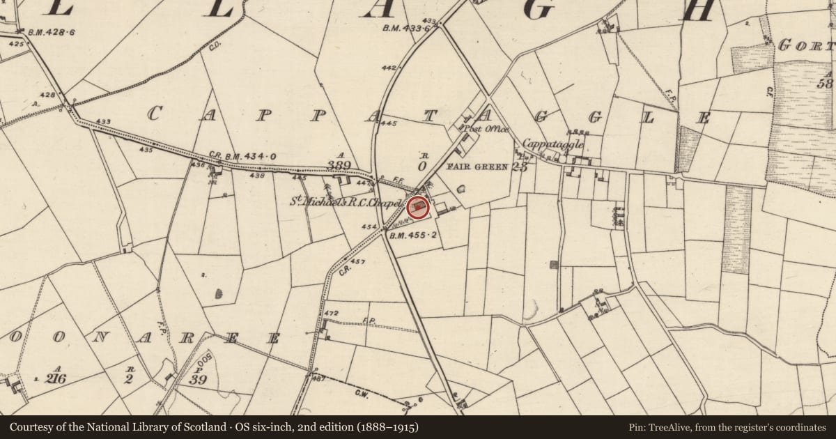 Ordnance Survey six-inch map, 2nd edition (1888–1915) covering the location of Church, Cappataggle, County Galway, with a pin at the register's coordinates