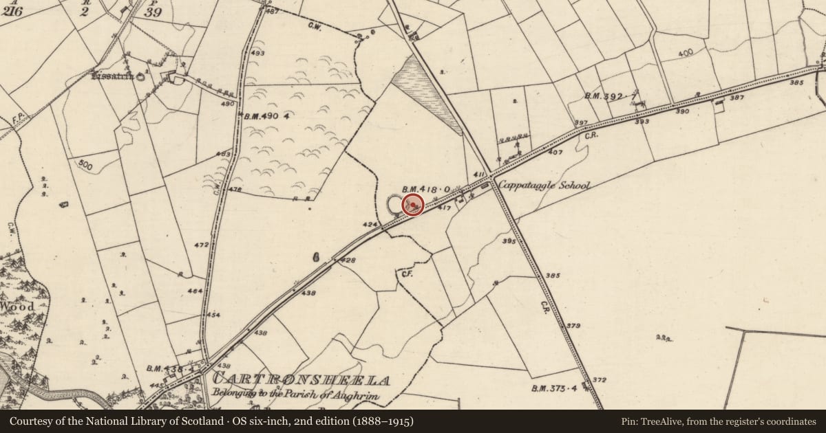 Ordnance Survey six-inch map, 2nd edition (1888–1915) covering the location of Enclosure, Cappataggle, County Galway, with a pin at the register's coordinates