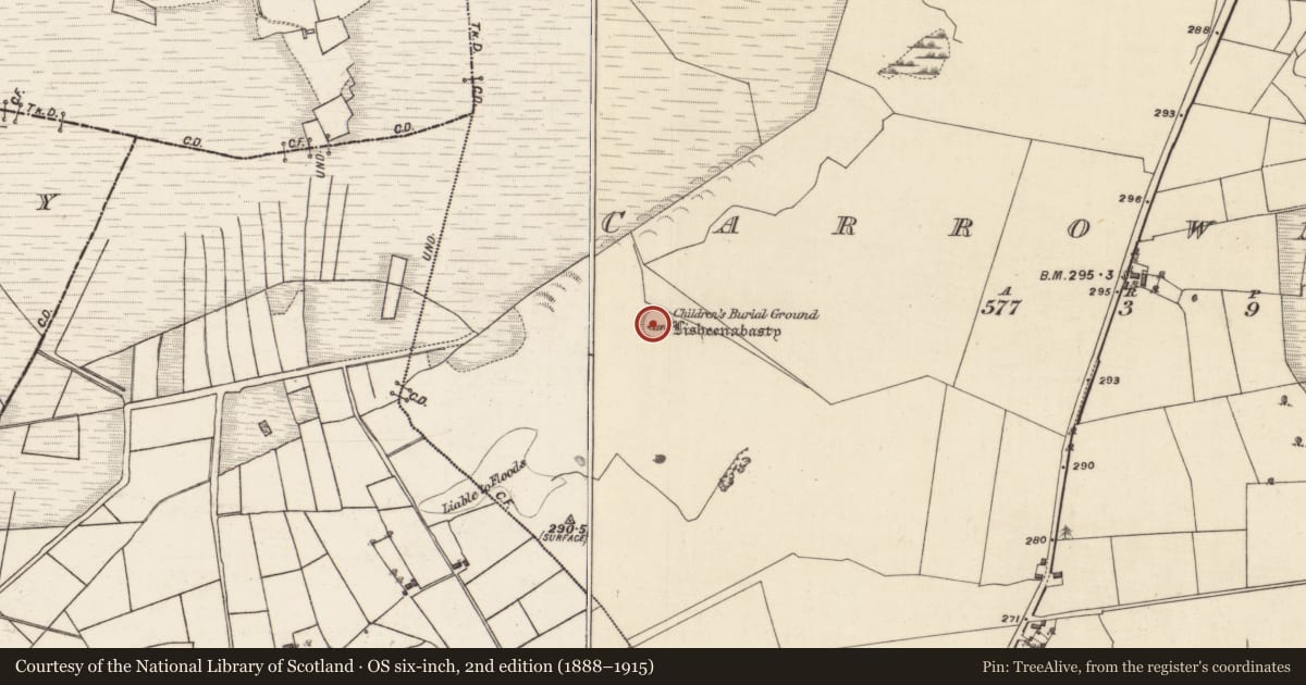 Ordnance Survey six-inch map, 2nd edition (1888–1915) covering the location of Children's burial ground, Carrowmore, County Galway, with a pin at the register's coordinates