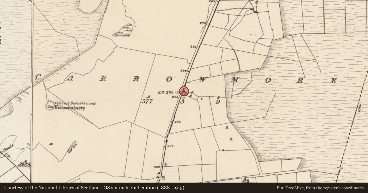 Ordnance Survey six-inch map, 2nd edition (1888–1915) covering the location of Standing stone, Carrowmore, County Galway, with a pin at the register's coordinates