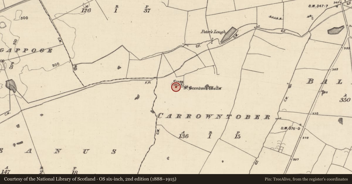 Ordnance Survey six-inch map, 2nd edition (1888–1915) covering the location of Ritual site - holy well, Carrowntober, County Galway, with a pin at the register's coordinates
