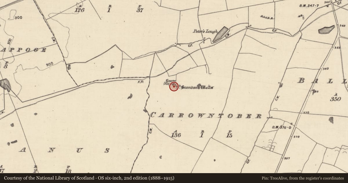 Ordnance Survey six-inch map, 2nd edition (1888–1915) covering the location of Ritual site - holy well, Carrowntober, County Galway, with a pin at the register's coordinates