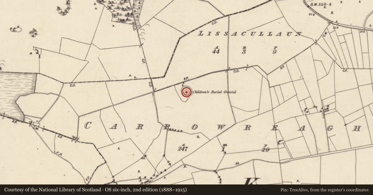 Ordnance Survey six-inch map, 2nd edition (1888–1915) covering the location of Souterrain, Carrowreagh, County Galway, with a pin at the register's coordinates