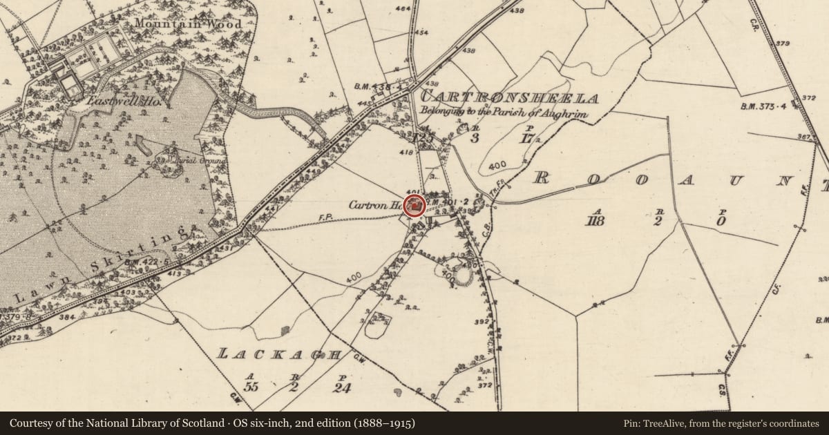 Ordnance Survey six-inch map, 2nd edition (1888–1915) covering the location of House - 18th/19th century, Cartronsheela, County Galway, with a pin at the register's coordinates