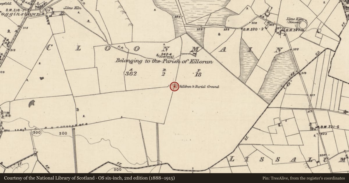 Ordnance Survey six-inch map, 2nd edition (1888–1915) covering the location of Children's burial ground, Cloonmain, County Galway, with a pin at the register's coordinates
