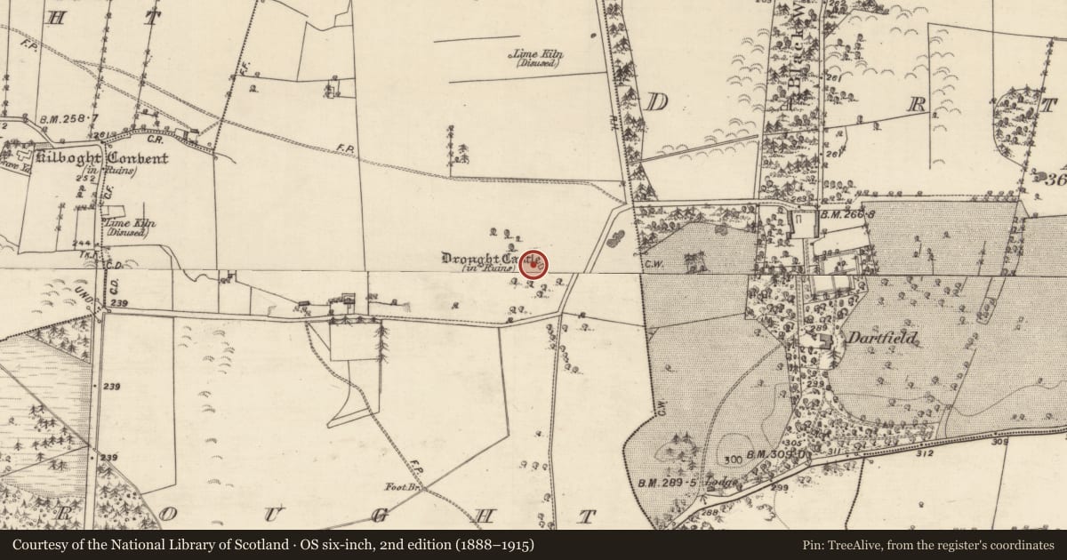 Ordnance Survey six-inch map, 2nd edition (1888–1915) covering the location of Castle - tower house, Drought, County Galway, with a pin at the register's coordinates