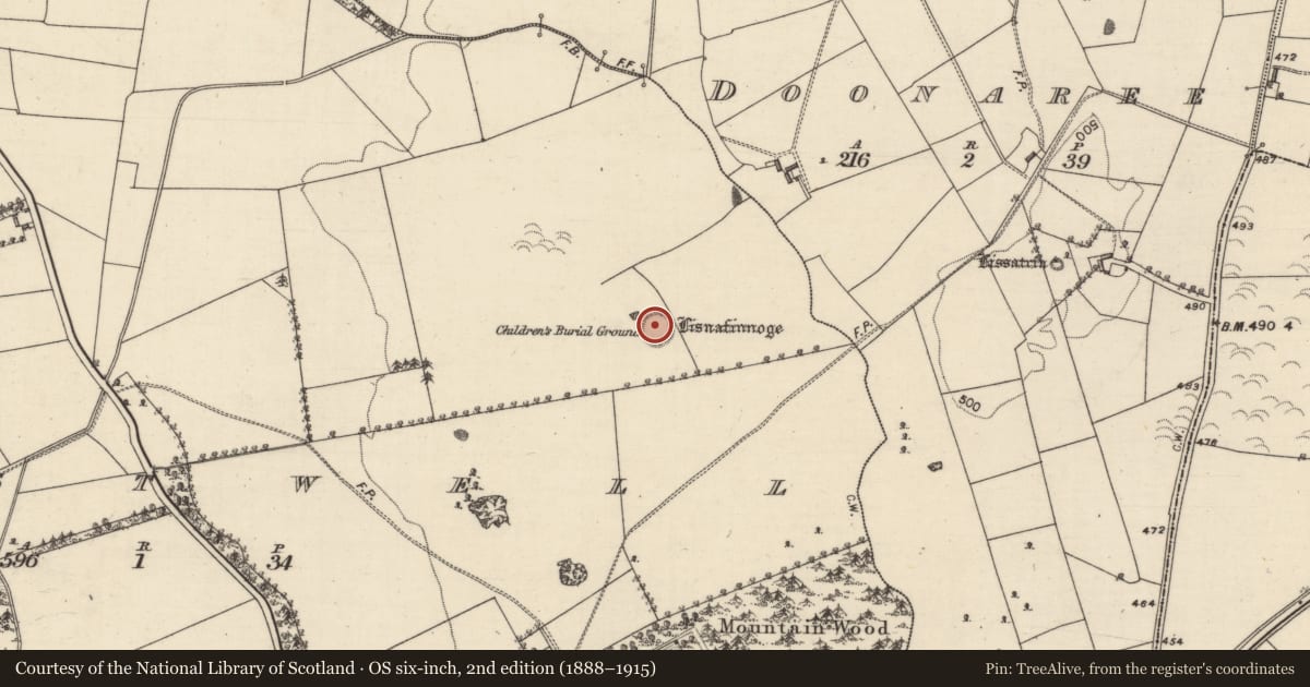 Ordnance Survey six-inch map, 2nd edition (1888–1915) covering the location of Children's burial ground, Eastwell, County Galway, with a pin at the register's coordinates