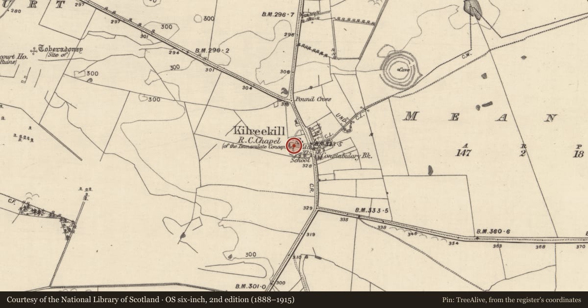 Ordnance Survey six-inch map, 2nd edition (1888–1915) covering the location of Church, Wallscourt, County Galway, with a pin at the register's coordinates