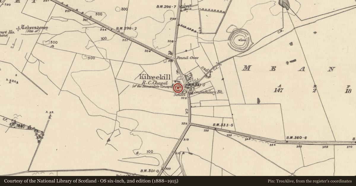 Ordnance Survey six-inch map, 2nd edition (1888–1915) covering the location of Graveyard, Wallscourt, County Galway, with a pin at the register's coordinates