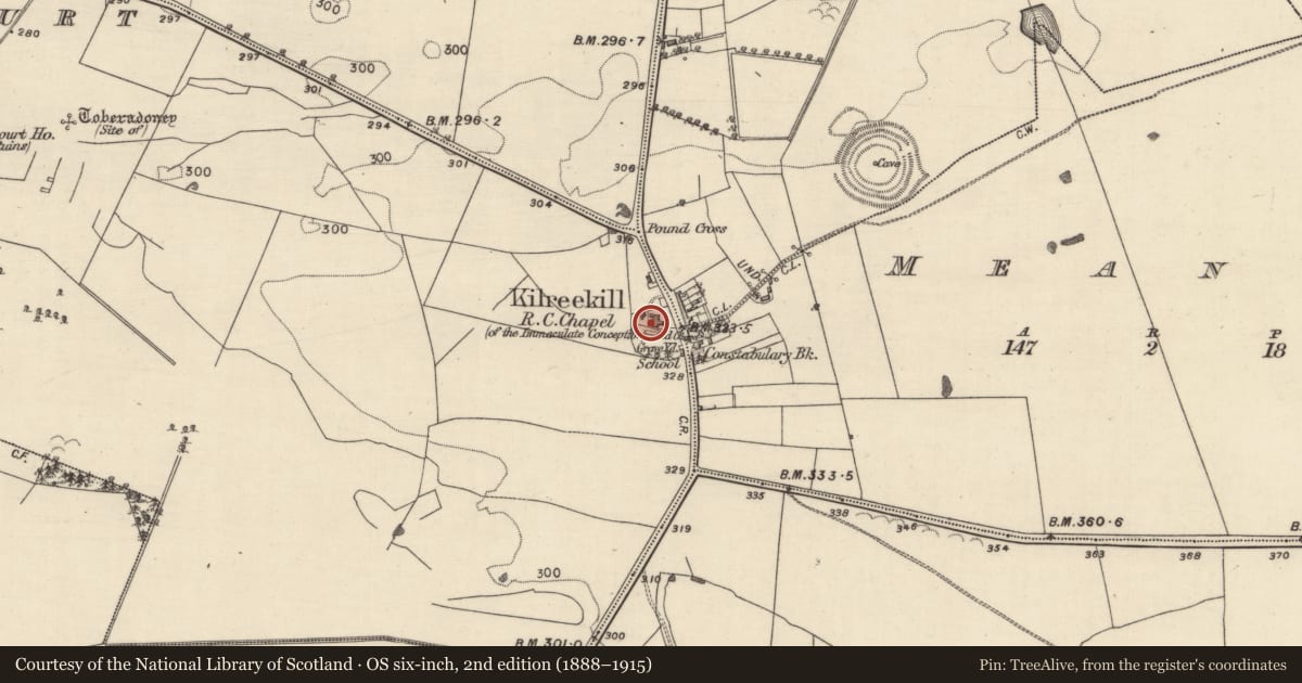 Ordnance Survey six-inch map, 2nd edition (1888–1915) covering the location of Church, Wallscourt, County Galway, with a pin at the register's coordinates