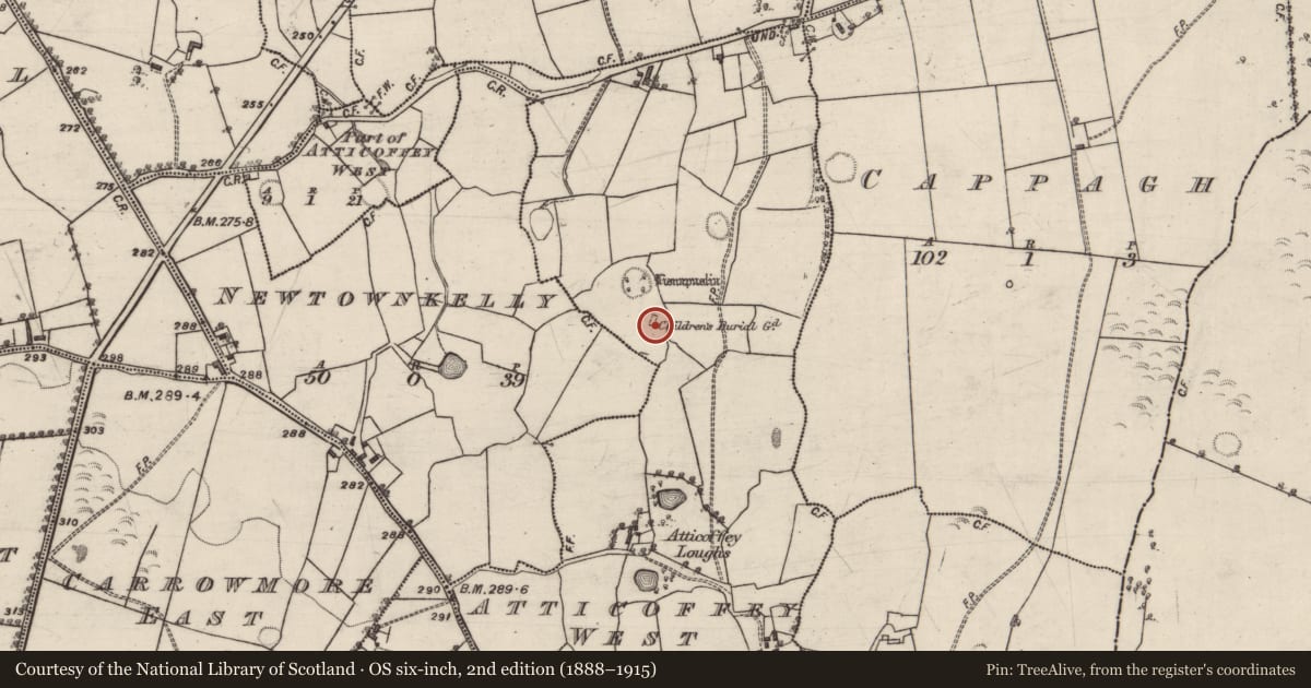 Ordnance Survey six-inch map, 2nd edition (1888–1915) covering the location of Children's burial ground, Atticoffey West, County Galway, with a pin at the register's coordinates